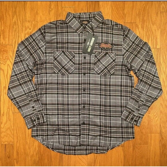 New Harley Davidson 120th Anniversary Plaid Button Up Shirt Grey Men’s Size LARG - Picture 2 of 9